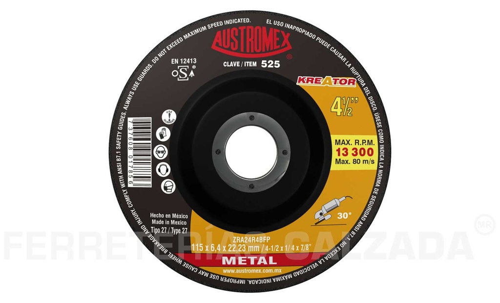 DISCO DESBASTE METAL T27 525AUSTROMEX 4 1/2X1/4X7/8