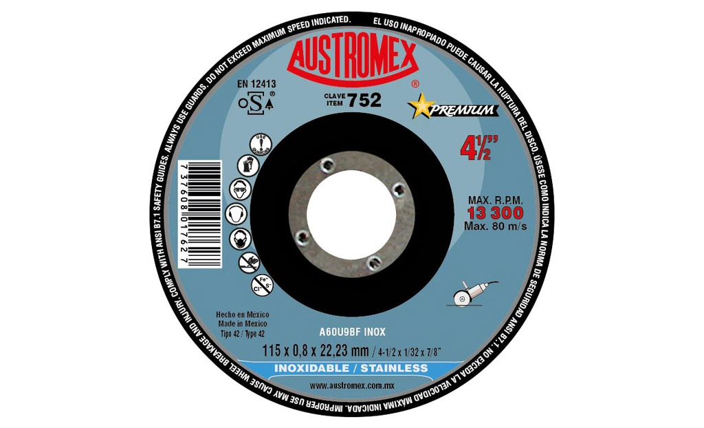 DISCO CORTE 752 4-1/2X1/32X7/8AUSTROMEX A INOX