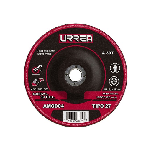 [URRAMCD04] DISCO ABRASIVO CORTE METAL 4 1/2 T27