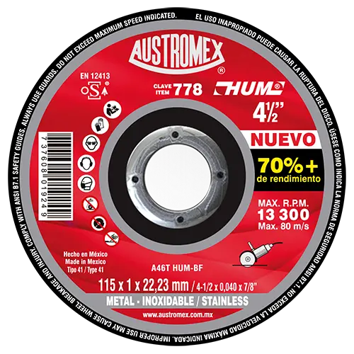 [AUS778] Disco de Corte 778 de 115 x 1 x 22.23 mm para corte de acero al carbón, acero inoxidable y metales AUSTROMEX